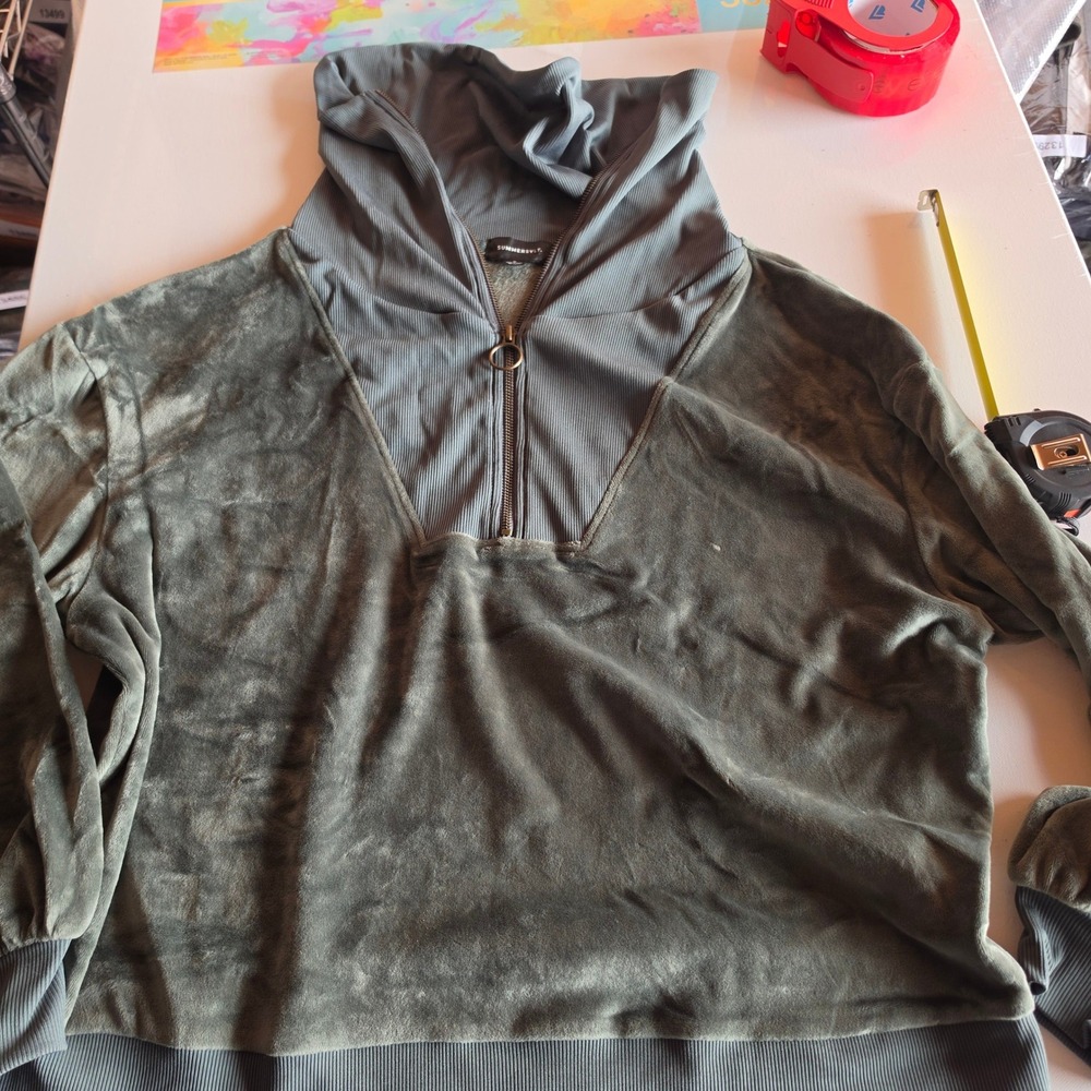 Summersalt Womens Velour Half Zip Hoodie Olive Green Ribbed Pullover Medium